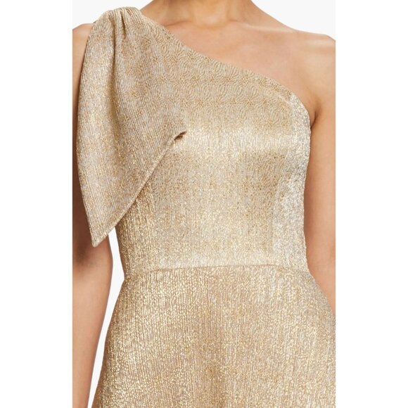 DRESS THE POPULATION Savannah Gold Lame One Shoulder Bow Gown Maxi Dress, Size S - Picture 4 of 13